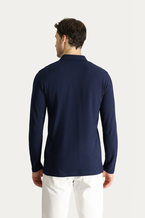 Dark Navy Polo Collar Regular Fit Embroidered Cotton Sweatshirt