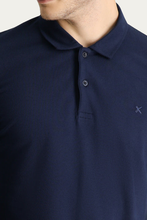 Dark Navy Polo Collar Regular Fit Embroidered Cotton Sweatshirt