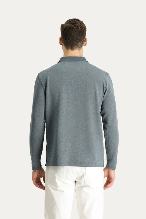 Koyu Mavi Polo Yaka Nakışlı Sweatshirt