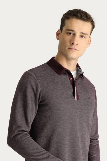 Koyu Bordo Polo Yaka Regular Fit Desenli Nakışlı Sweatshirt