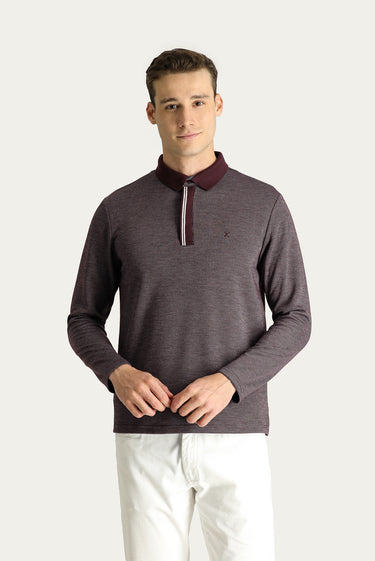 Koyu Bordo Polo Yaka Regular Fit Desenli Nakışlı Sweatshirt