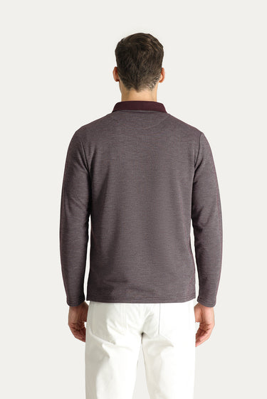 Koyu Bordo Polo Yaka Regular Fit Desenli Nakışlı Sweatshirt