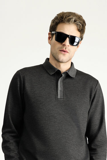 Koyu Antrasit Polo Yaka Regular Fit Desenli Nakışlı Sweatshirt