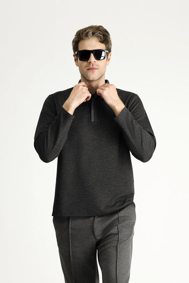 Koyu Antrasit Polo Yaka Regular Fit Desenli Nakışlı Sweatshirt