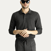 Siyah Polo Yaka Desenli Nakışlı Sweatshirt