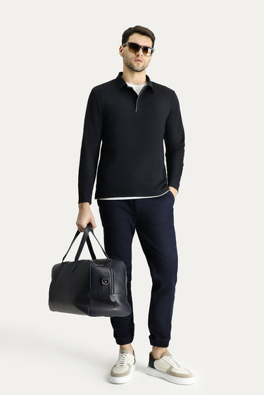 Lacivert Polo Yaka Desenli Nakışlı Sweatshirt