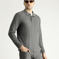 Orta Gri Melanj Polo Yaka Desenli Nakışlı Pamuklu Sweatshirt