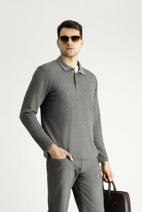 Orta Gri Melanj Polo Yaka Desenli Nakışlı Pamuklu Sweatshirt