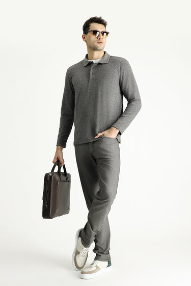 Orta Gri Melanj Polo Yaka Regular Fit Desenli Nakışlı Pamuklu Sweatshirt