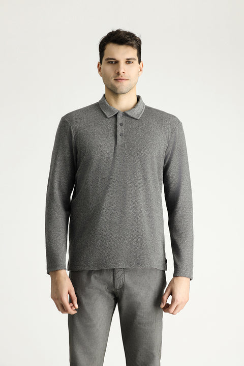 Orta Gri Melanj Polo Yaka Desenli Nakışlı Pamuklu Sweatshirt