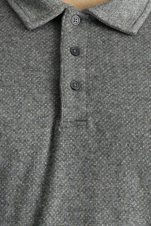 Orta Gri Melanj Polo Yaka Desenli Nakışlı Pamuklu Sweatshirt