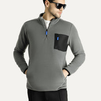 Orta Gri Melanj Dik Yaka Yarım Fermuarlı Soğuk Geçirmez Tüylenme Yapmayan Cep Detaylı Polar Sweatshirt