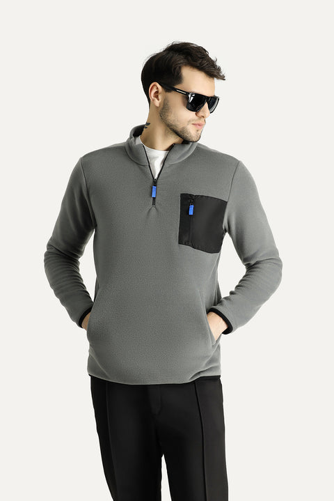 Orta Gri Melanj Dik Yaka Yarım Fermuarlı Soğuk Geçirmez Tüylenme Yapmayan Cep Detaylı Polar Sweatshirt