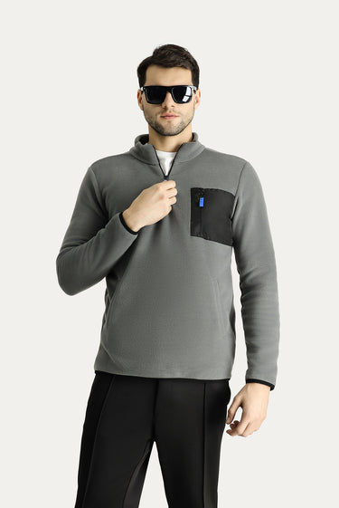 Orta Gri Melanj Yarım Fermuarlı Polar Sweatshirt