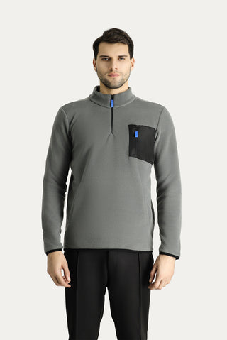 Orta Gri Melanj Dik Yaka Yarım Fermuarlı Soğuk Geçirmez Tüylenme Yapmayan Cep Detaylı Polar Sweatshirt