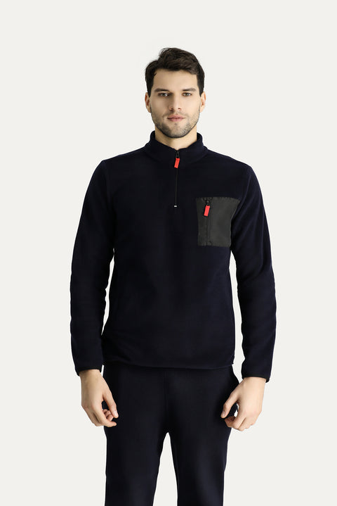 Koyu Lacivert Dik Yaka Yarım Fermuarlı Soğuk Geçirmez Tüylenme Yapmayan Cep Detaylı Polar Sweatshirt