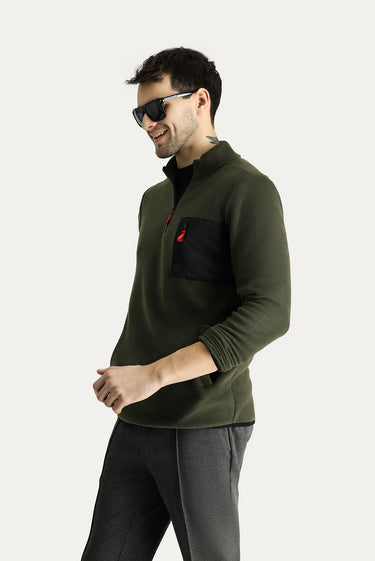 Orta Haki Yarım Fermuarlı Polar Sweatshirt