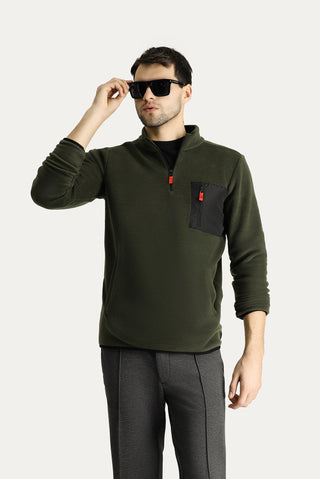 Orta Haki Dik Yaka Yarım Fermuarlı Soğuk Geçirmez Tüylenme Yapmayan Cep Detaylı Polar Sweatshirt
