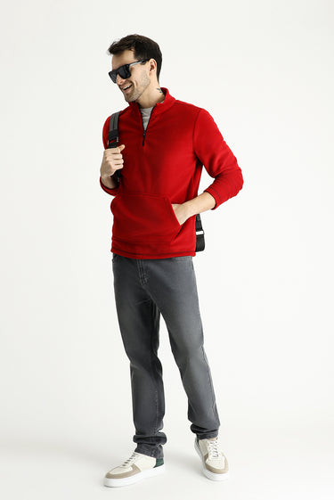 Bayrak Kırmızı Yarım Fermuarlı Polar Sweatshirt