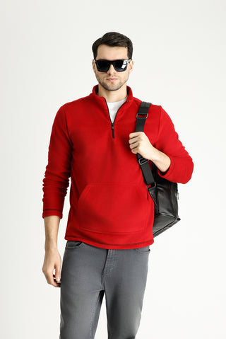 Bayrak Kırmızı Yarım Fermuarlı Polar Sweatshirt