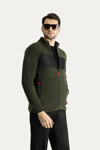 Orta Haki Fermuarlı Polar Sweatshirt