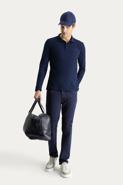Koyu Lacivert Polo Yaka Slim Fit Dar Kesim Nakışlı Pamuk Sweatshirt