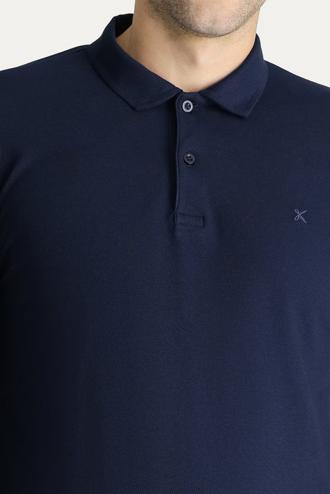 Koyu Lacivert Polo Yaka Slim Fit Dar Kesim Nakışlı Pamuk Sweatshirt