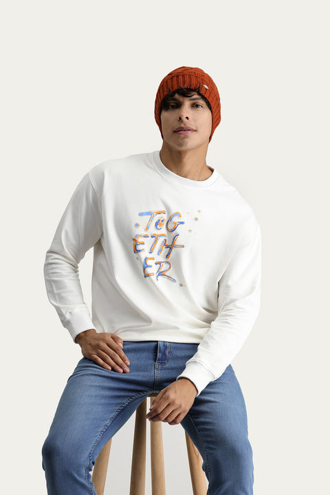 Ekru Bisiklet Yaka Baskılı Oversize Pamuk Sweatshirt