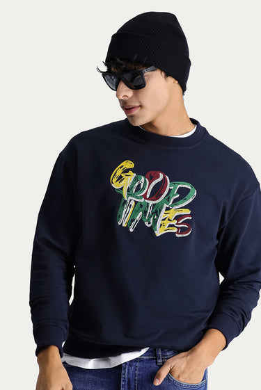 Koyu Lacivert Bisiklet Yaka Baskılı Oversize Pamuk Sweatshirt