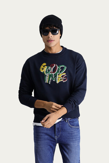 Koyu Lacivert Bisiklet Yaka Baskılı Oversize Pamuk Sweatshirt