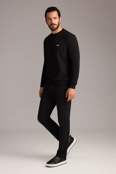 Siyah Bisiklet Yaka Regular Fit Nakışlı Pamuklu Sweatshirt