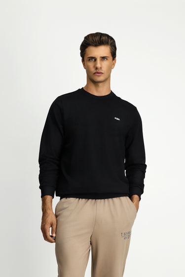 Siyah Bisiklet Yaka Regular Fit Nakışlı Pamuklu Sweatshirt