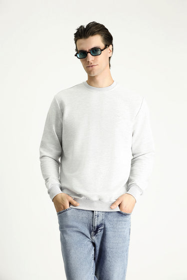 Açık Gri Melanj Bisiklet Yaka Regular Fit Nakışlı Pamuklu Sweatshirt