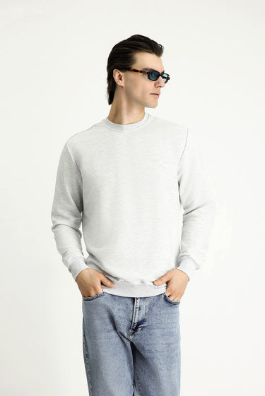 Açık Gri Melanj Bisiklet Yaka Regular Fit Nakışlı Pamuklu Sweatshirt