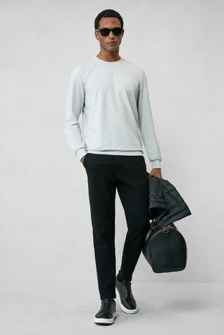 Açık Gri Melanj Bisiklet Yaka Regular Fit Nakışlı Basic İnce Sweatshirt