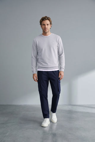 Açık Mavi Bisiklet Yaka Regular Fit Nakışlı Basic İnce Sweatshirt