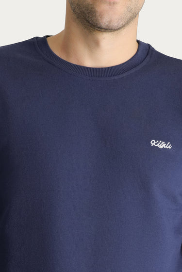 İndigo Bisiklet Yaka Regular Fit Nakışlı Pamuklu Sweatshirt