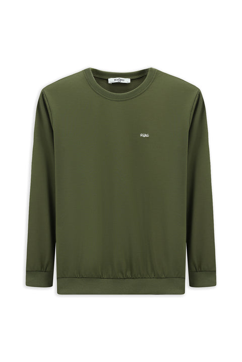 Medium Khaki Crew Neck Regular Fit Embroidered Basic Thin Sweatshirt