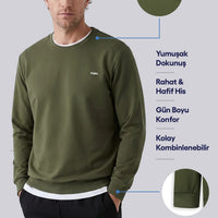 Medium Khaki Crew Neck Regular Fit Embroidered Basic Thin Sweatshirt