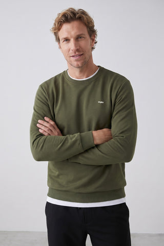 Orta Haki Bisiklet Yaka Regular Fit Nakışlı Basic İnce Sweatshirt