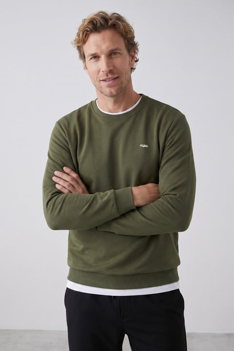 Medium Khaki Crew Neck Regular Fit Embroidered Basic Thin Sweatshirt