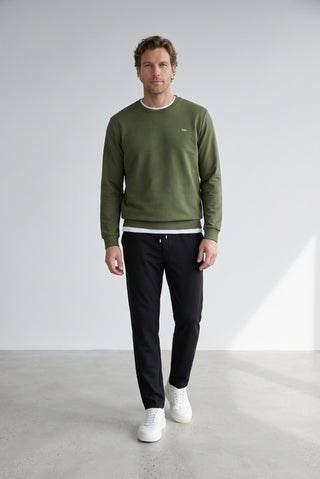 Orta Haki Bisiklet Yaka Regular Fit Nakışlı Basic İnce Sweatshirt