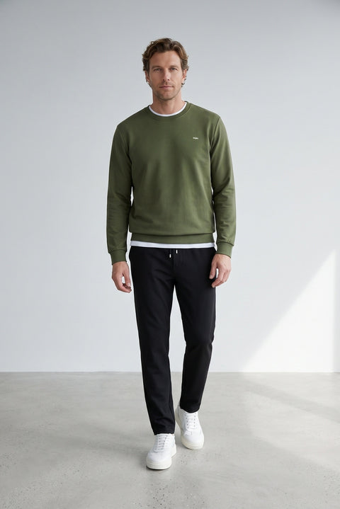 Medium Khaki Crew Neck Regular Fit Embroidered Basic Thin Sweatshirt