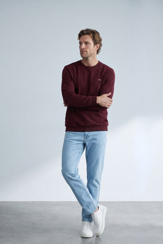 Koyu Bordo Bisiklet Yaka Regular Fit Nakışlı Basic İnce Sweatshirt