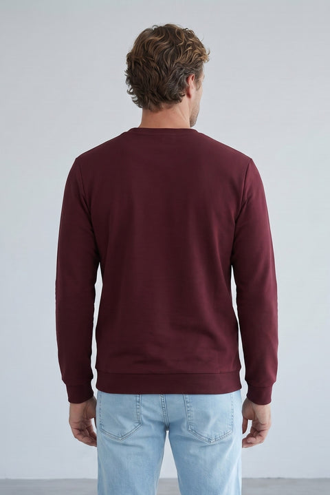 Koyu Bordo Bisiklet Yaka Regular Fit Nakışlı Basic İnce Sweatshirt