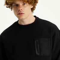 Siyah Bisiklet Yaka Baskılı Oversize Pamuklu Sweatshirt