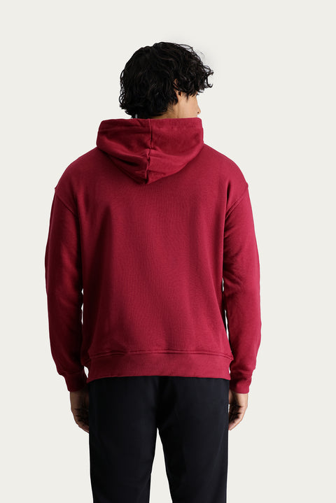 Koyu Kırmızı Kapüşonlu Nakışlı Oversize Pamuk Sweatshirt