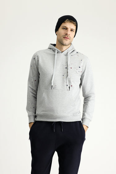 Açık Gri Melanj Slim Fit Dar Kesim Kapüşonlu Baskılı Pamuklu Sweatshirt