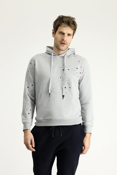 Açık Gri Melanj Slim Fit Dar Kesim Kapüşonlu Baskılı Pamuklu Sweatshirt
