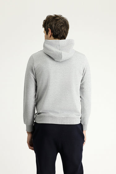 Açık Gri Melanj Slim Fit Dar Kesim Kapüşonlu Baskılı Pamuklu Sweatshirt